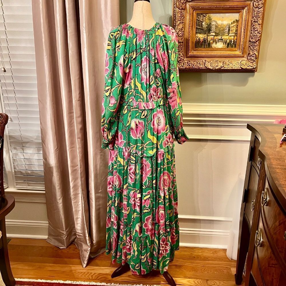 $345 Love the Label Tessa Green Pink Yellow Floral Tiered Maxi Dress Size SMALL - Picture 7 of 8